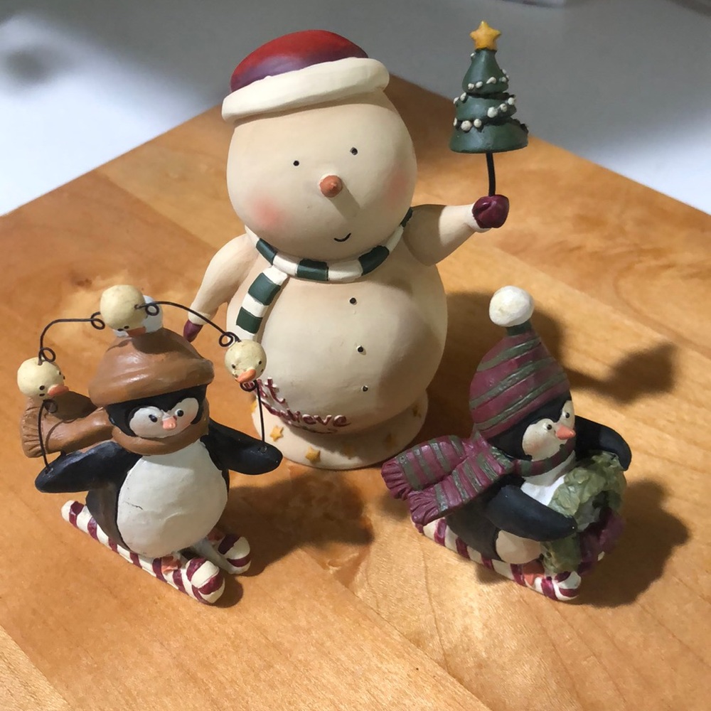 Primitive resin snowman and penguin Christmas figures decor bundle